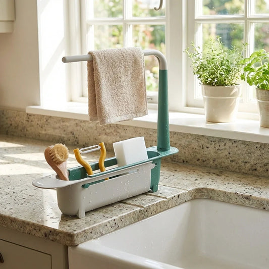 Expandable kitchen sink rack with green posts and white basin tray, holding brushes and towel