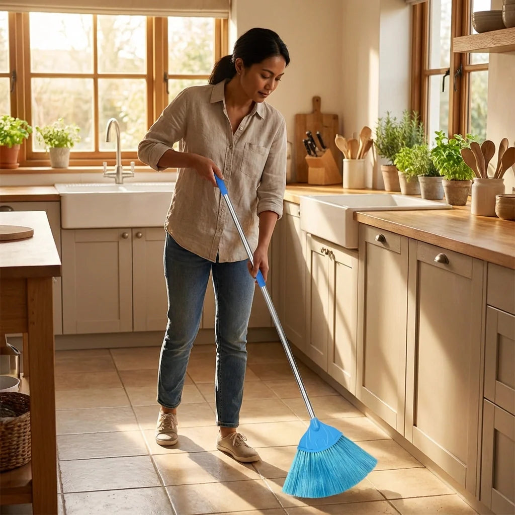 Extendable broom stick with blue dustpan-style brush head on a long metal handle