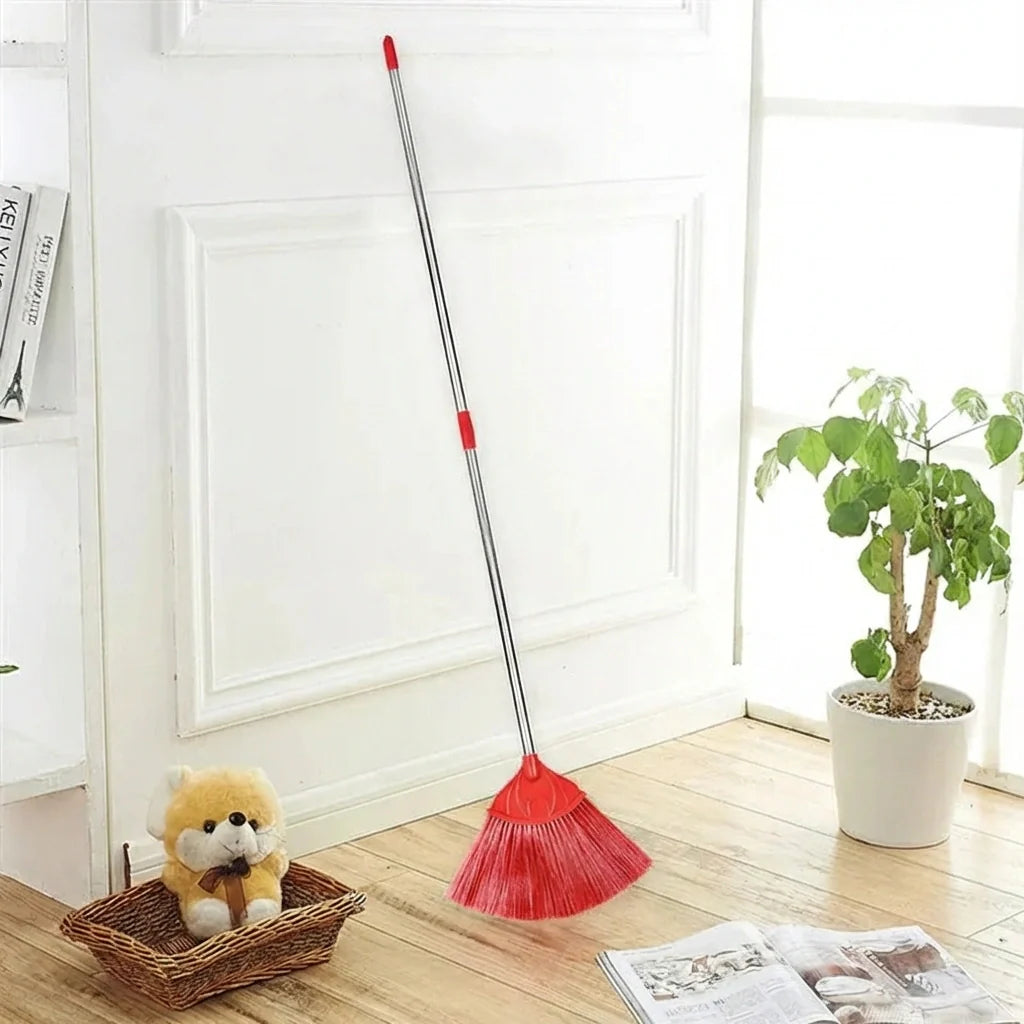 Extendable broom stick with red brush head and long silver handle