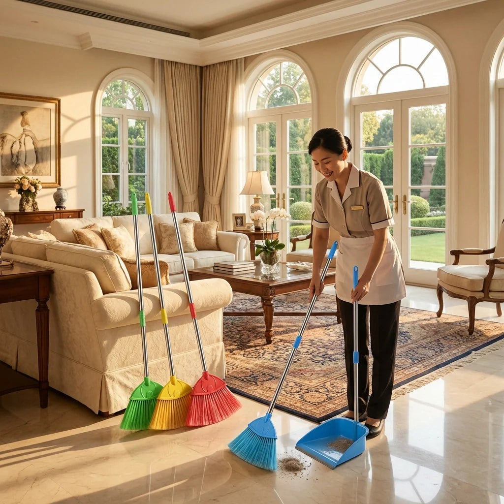 Extendable broom stick set with blue handle and multi-color brush heads