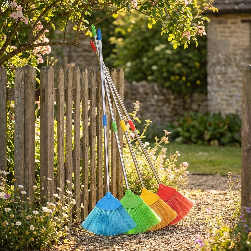 Extendable outdoor broom stick set with blue, green, and yellow brush heads