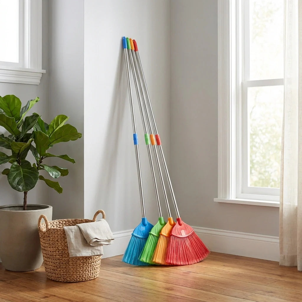 Extendable broom stick set standing with blue, green, and orange brush heads