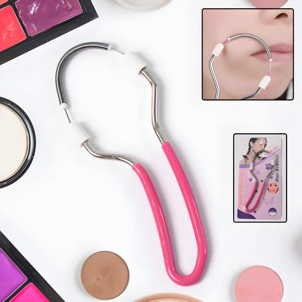 Facial hair spring remover tool with pink handles and metal spring loop