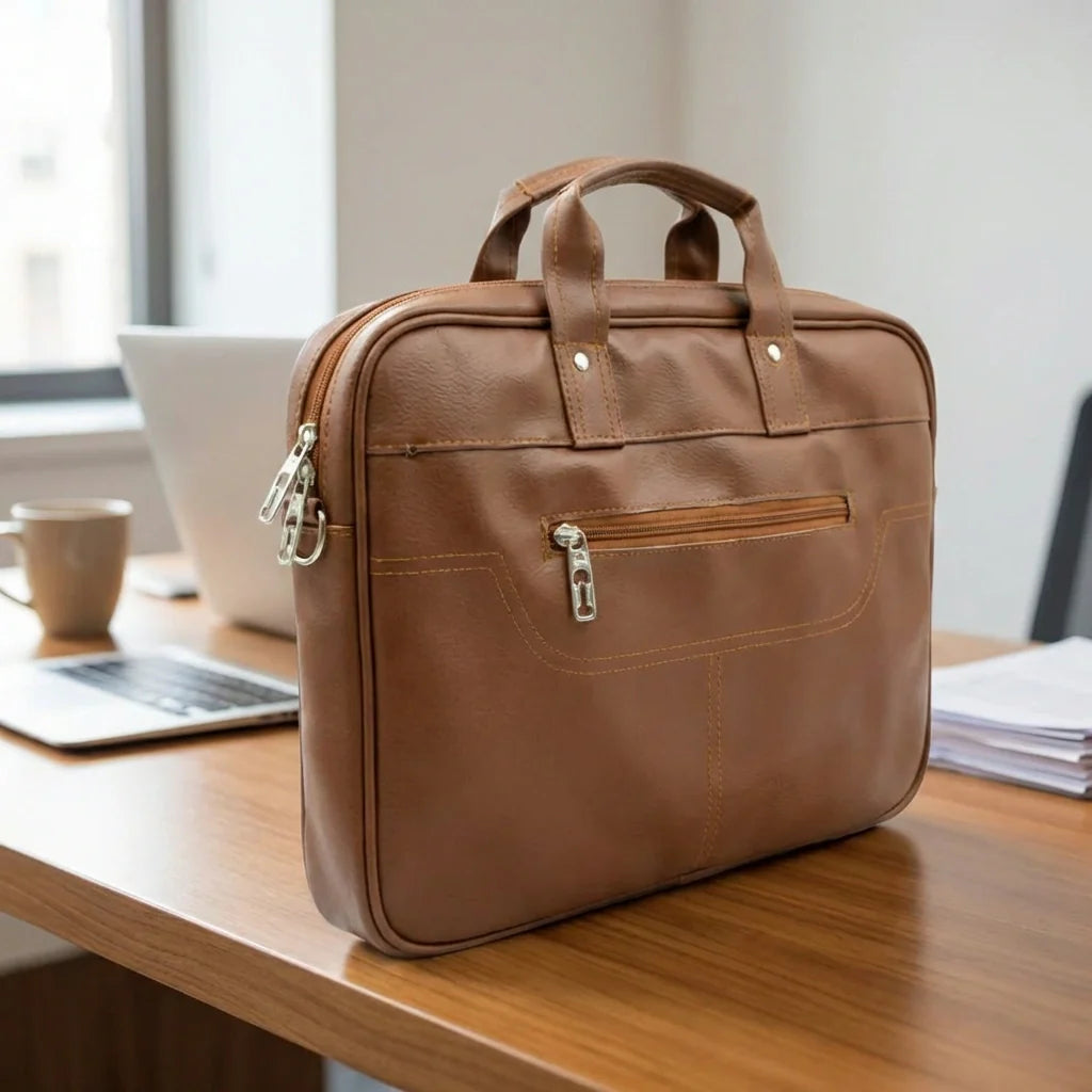 Brown faux leather laptop bag with top handle and zip front pocket