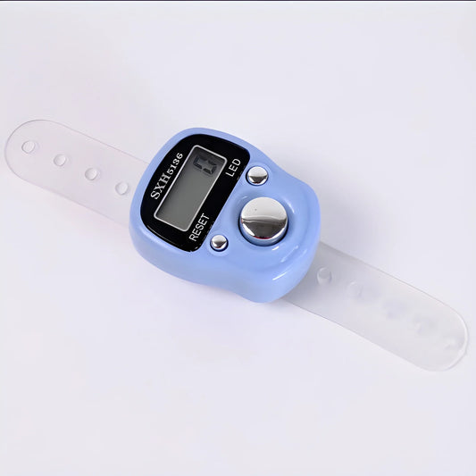 Light blue finger wearable digital counter with LCD display and buttons