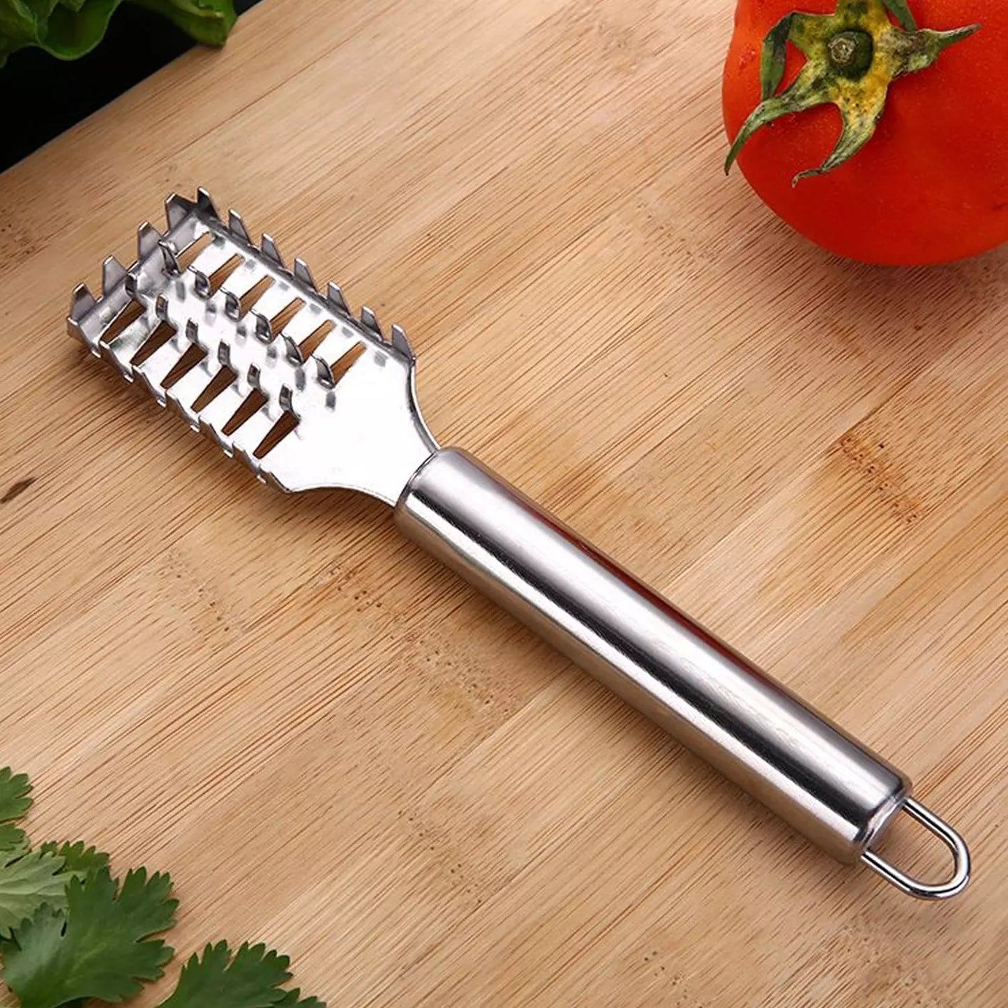 Fish scale remover scraper, metal spiked head with looped handle
