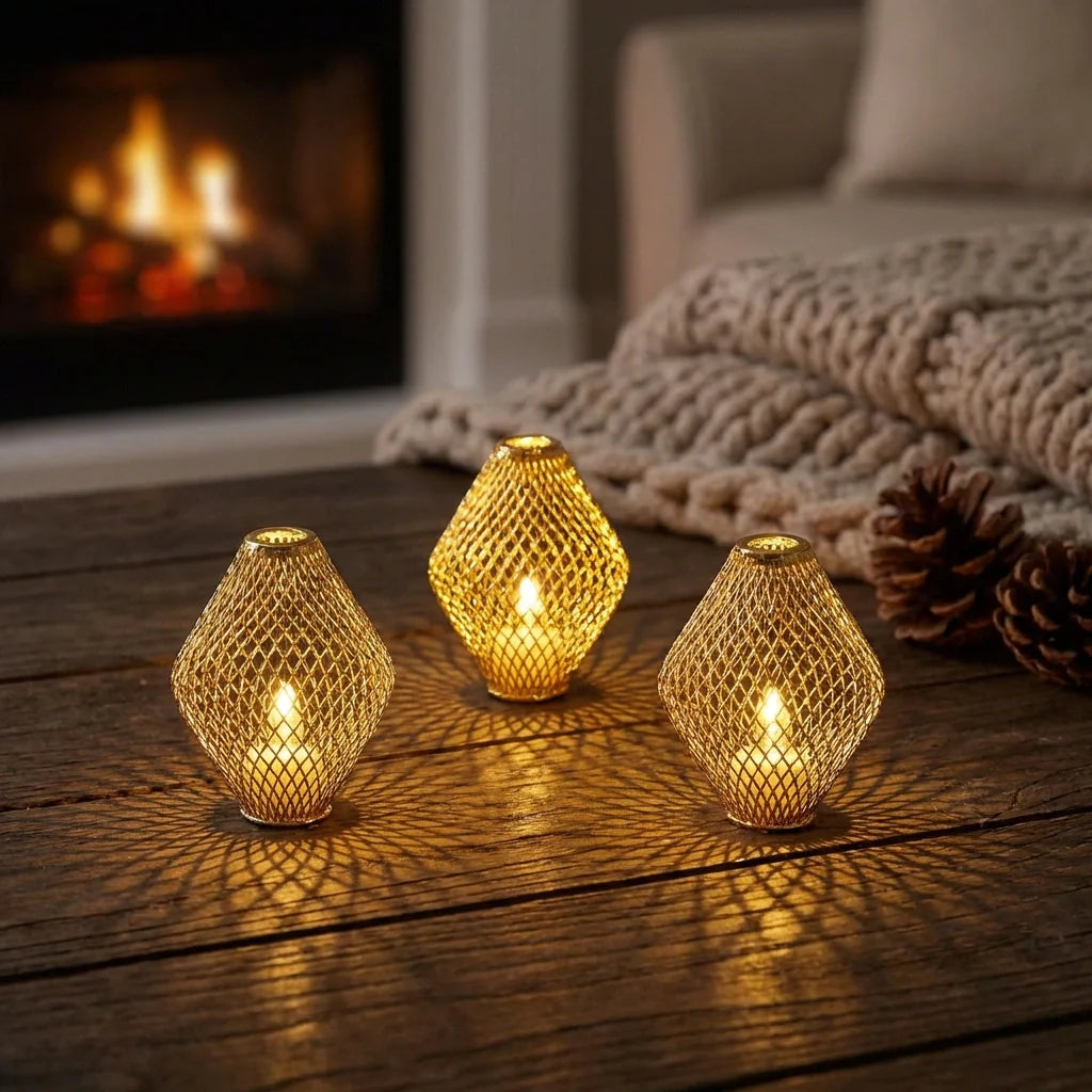 Glowing flameless LED tea lights with mesh gold candle holders