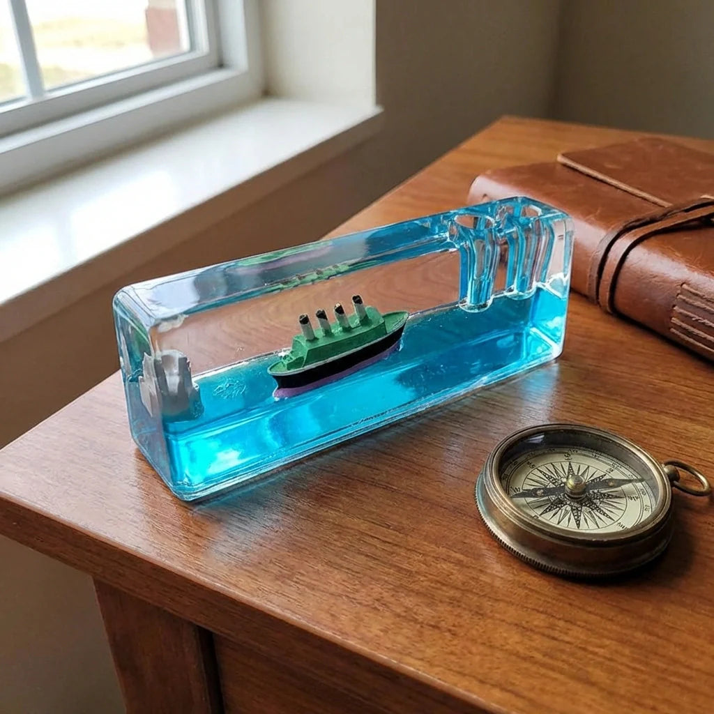 Floating cruise ship ornament, blue glass water with small ship in clear base