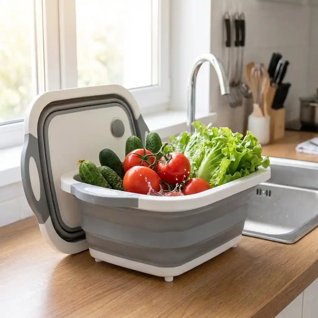Foldable chopping board with carry handle and raised rim, gray
