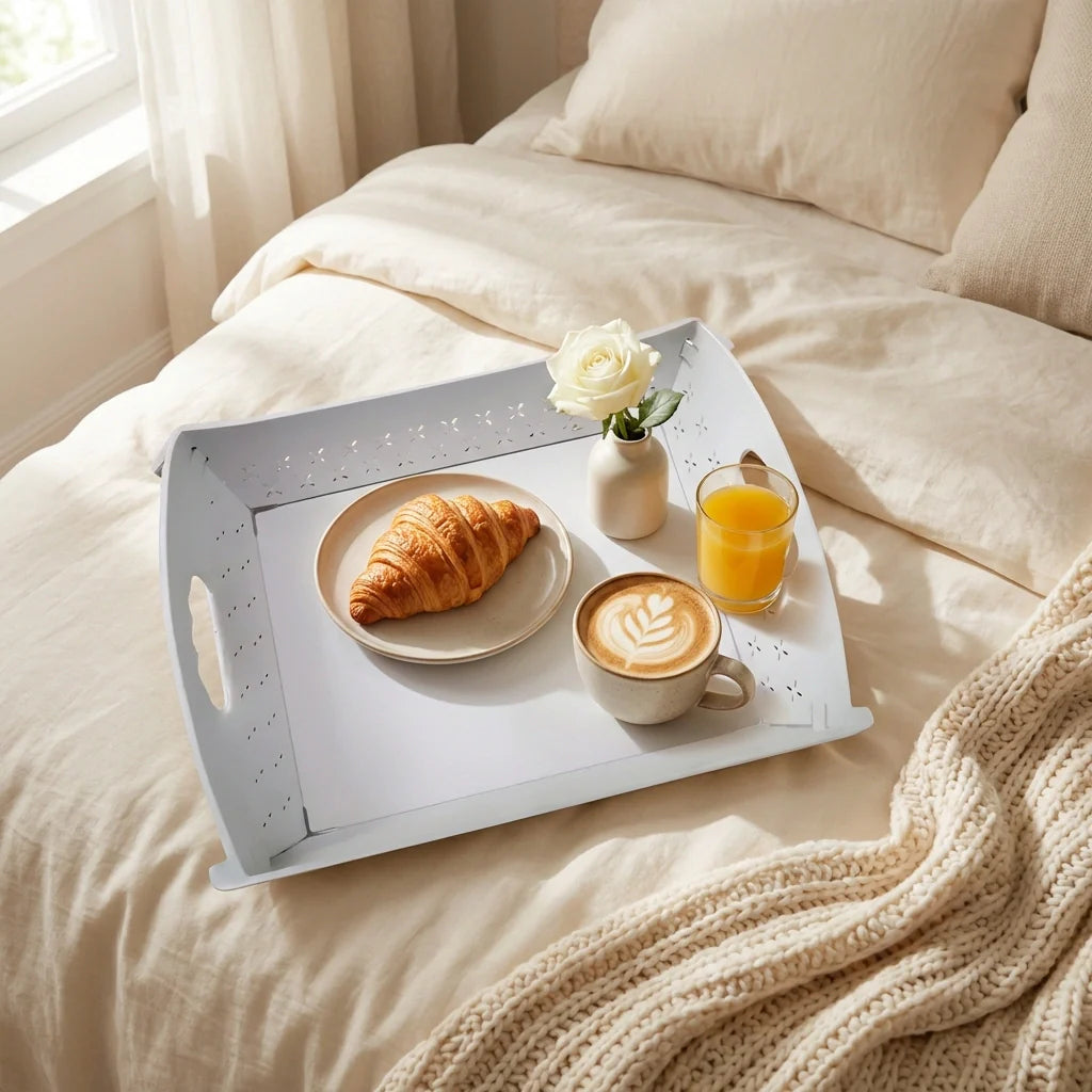 Foldable food serving tray, speckled light gray with fold-out handle sides