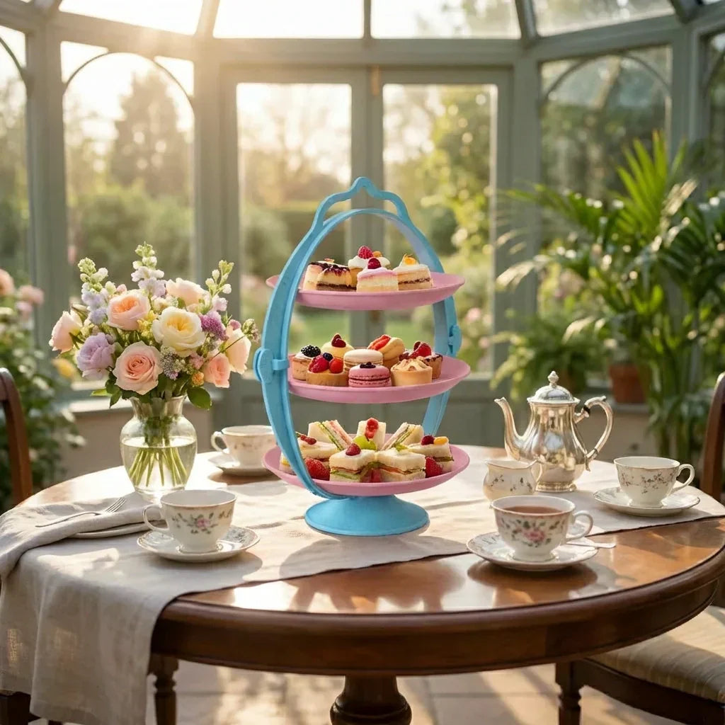 Foldable fruit tray with blue frame and three pink tiers on dining table with tea set.