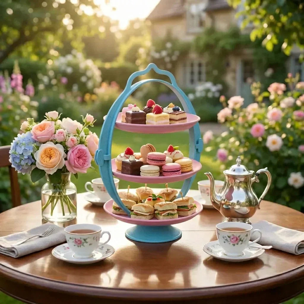 Foldable fruit tray with blue folding frame and three pink tiers for desserts and fruit.