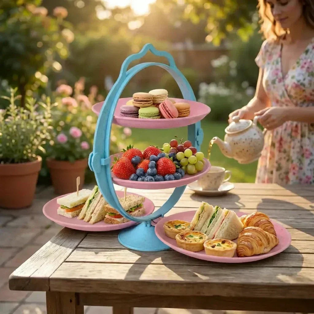 Foldable fruit tray with blue folding stand and pink tiers holding fruit and sandwiches.