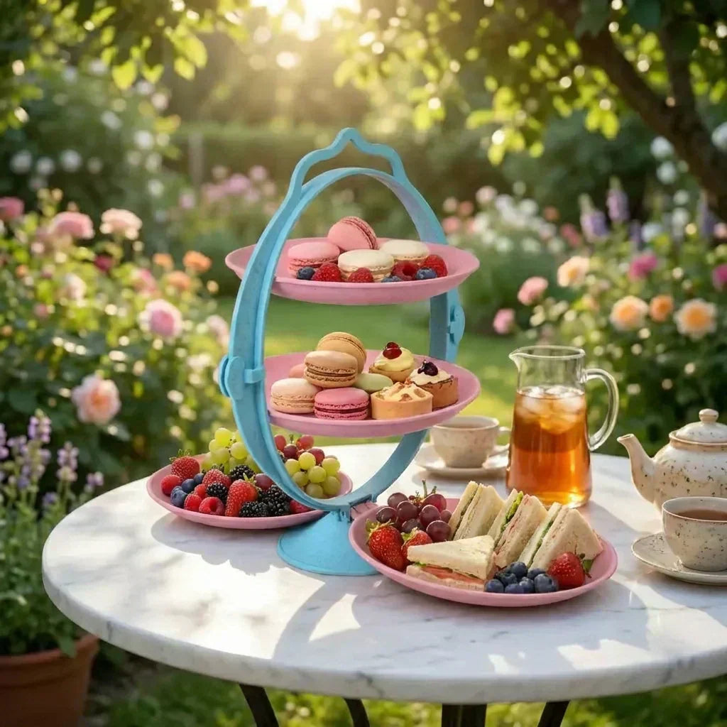 Foldable fruit tray with blue frame and two pink tiers, holding desserts and fruit.