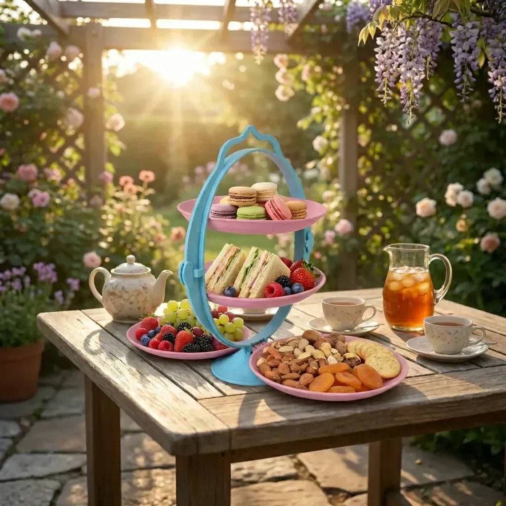 Foldable fruit tray with blue folding stand and pink tiers with cookies, fruit, and tea.