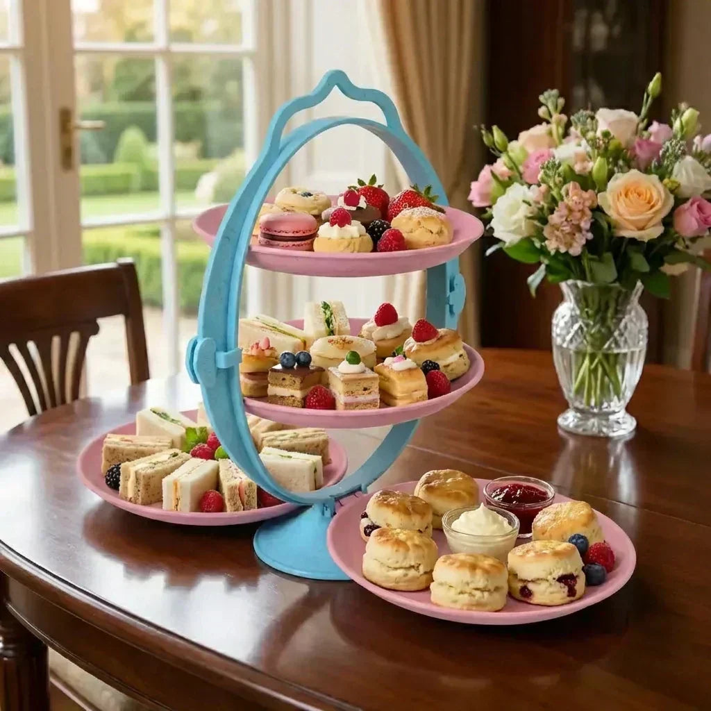 Foldable fruit tray with blue frame and three pink tiers filled with desserts and fruit.