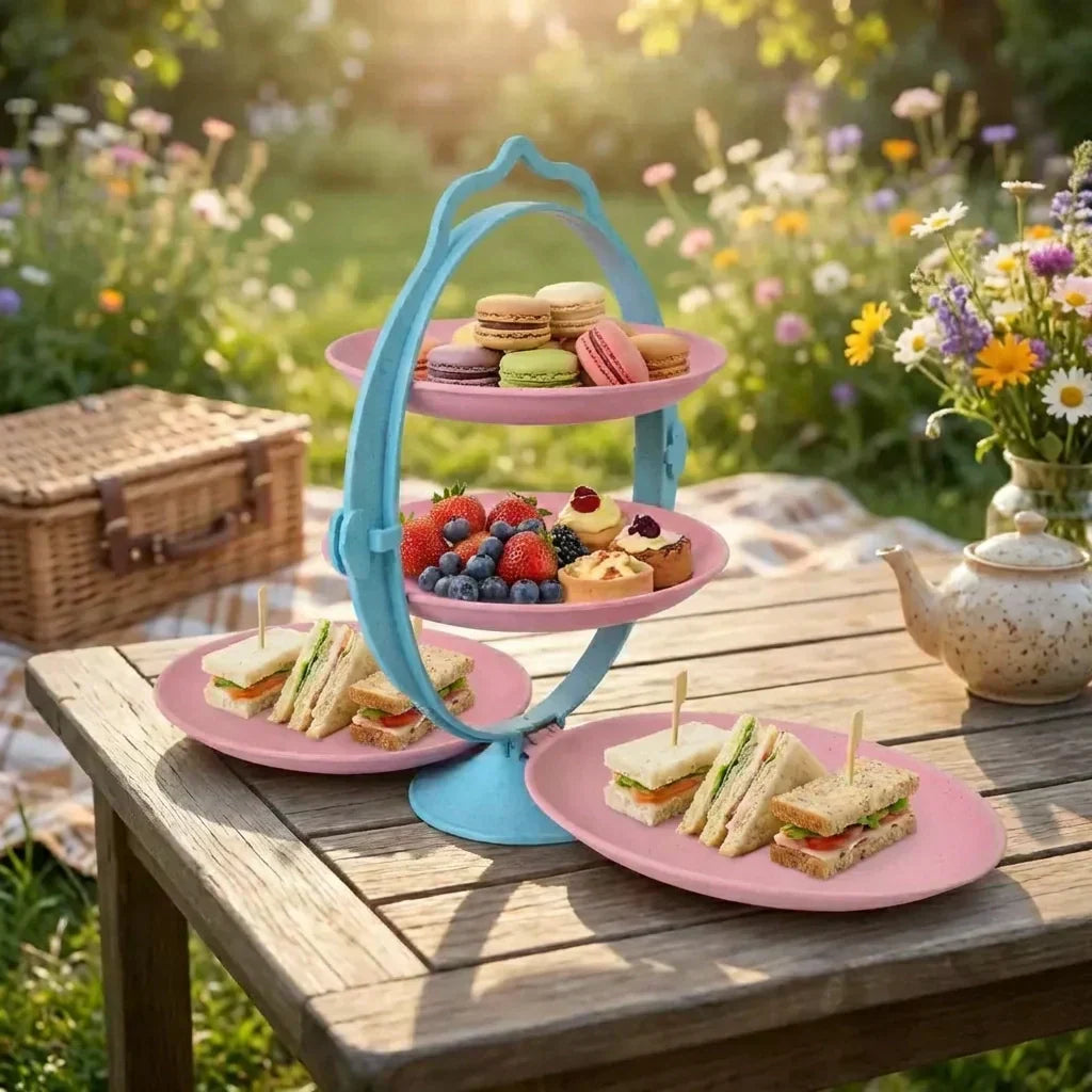 Foldable fruit tray with blue frame and pink tiers on outdoor table with assorted snacks.