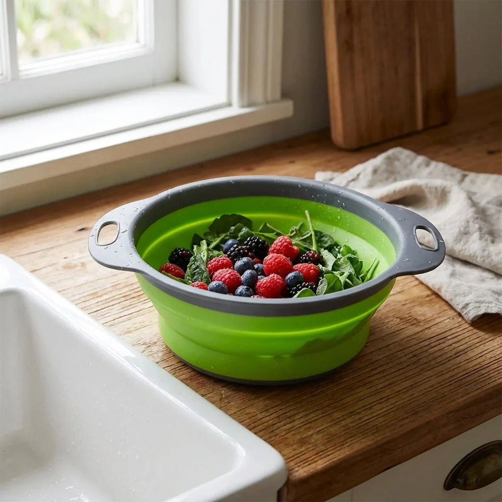 Green foldable round silicone strainer with two side handles, holding berries and greens