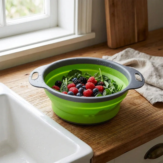 Green foldable round silicone strainer with two side handles, holding berries and greens