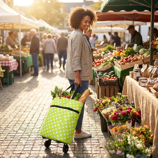 Foldable shopping cart bag, green polka dot fabric with shoulder strap and wheels