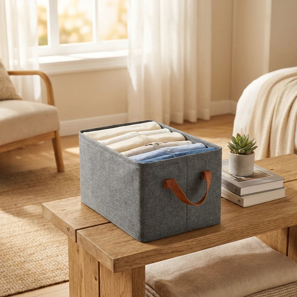 Grey fabric storage box with tan handle strap, holding folded towels on table
