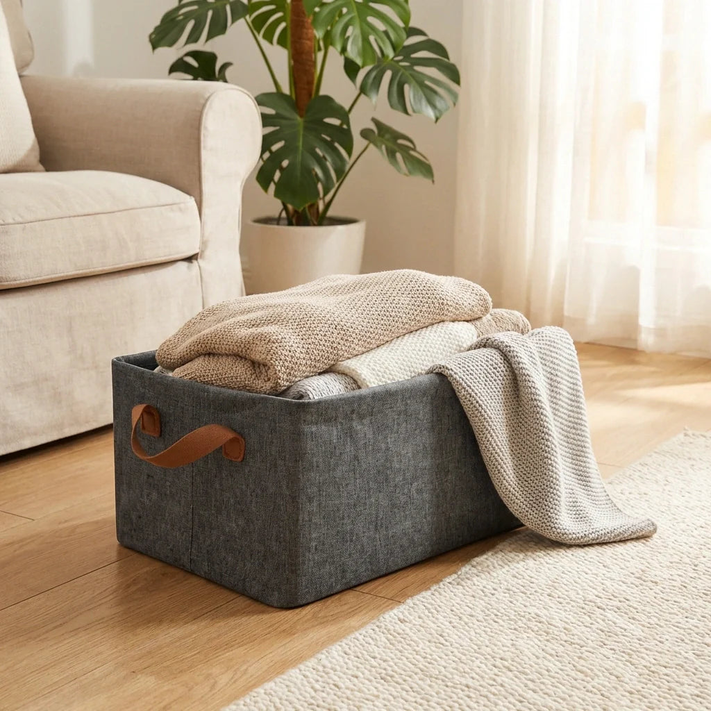 Grey fabric storage box with tan handle strap, filled with folded blankets