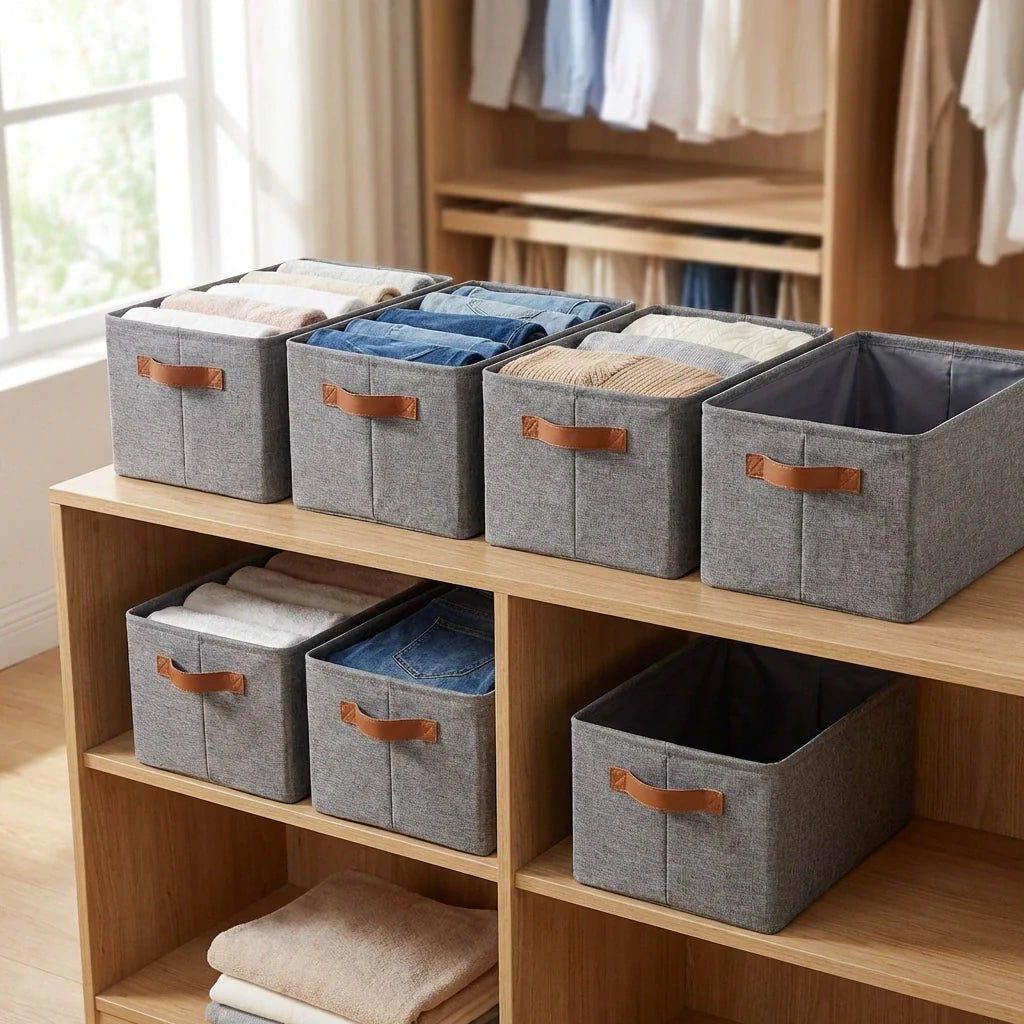 Grey fabric cube storage bins with tan handle straps, filled with folded clothes