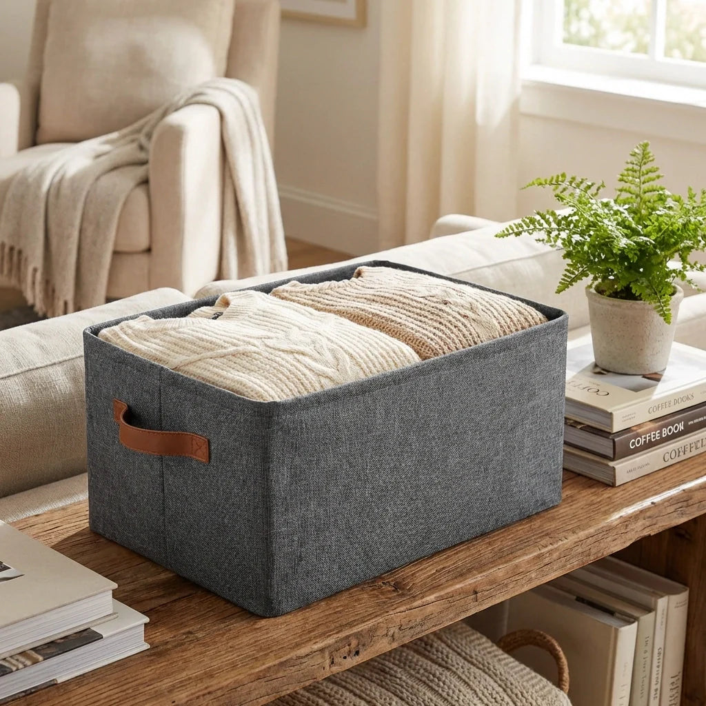Grey fabric storage box with tan handle strap, holding folded linens on wooden table