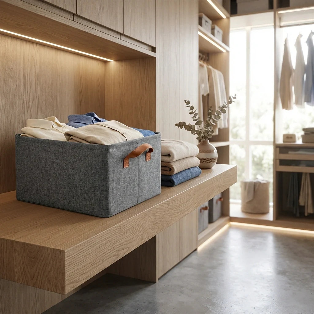 Grey fabric foldable storage box with tan handle strap, holding folded linens on shelf
