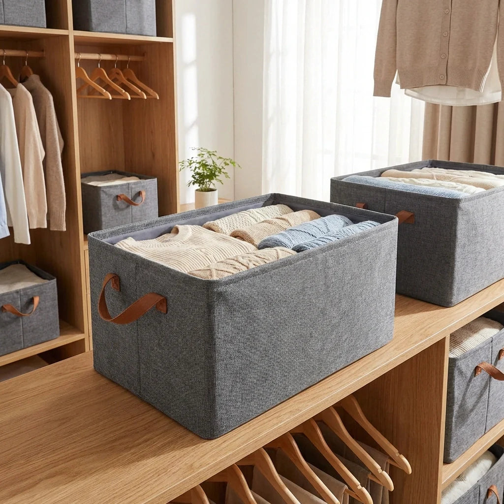 Grey fabric storage box with tan handle strap, packed with folded clothes on shelf