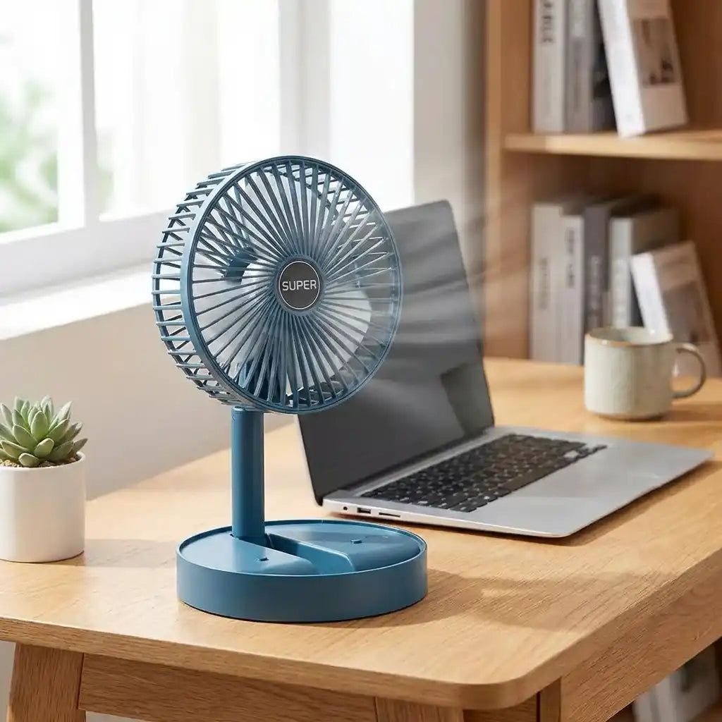 Light blue foldable telescopic fan with circular grille on round base