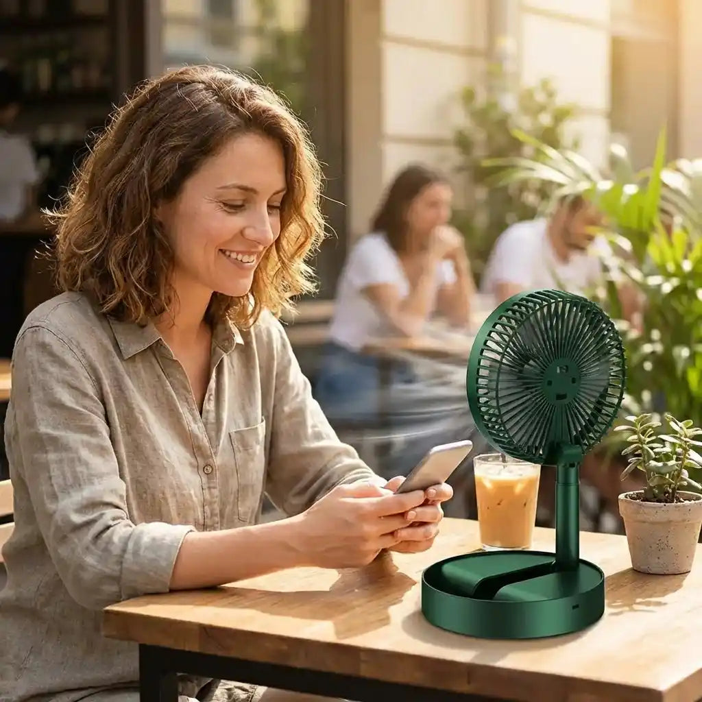Green foldable telescopic fan with circular grille on round base