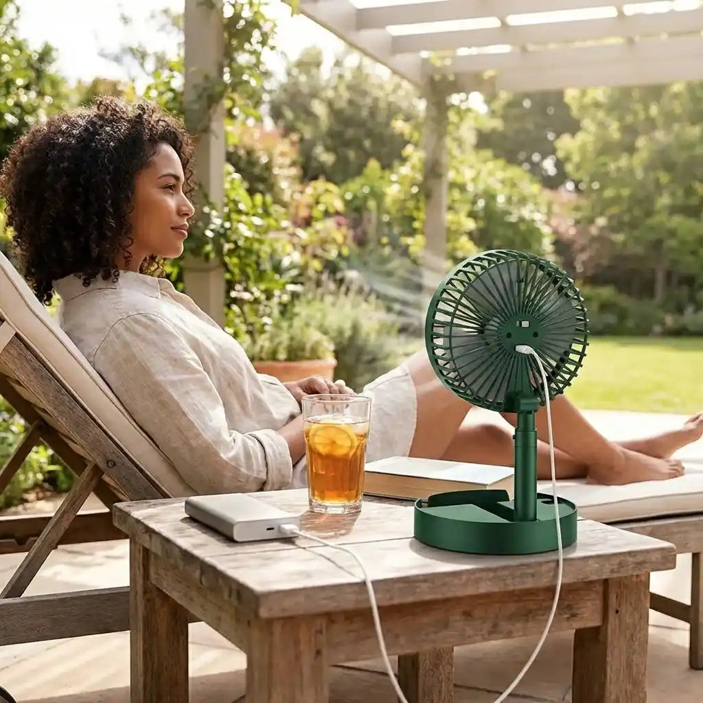 Green foldable telescopic fan on base with circular grille and stand
