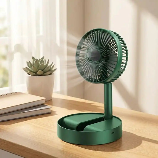 Green foldable telescopic fan with circular grille on base