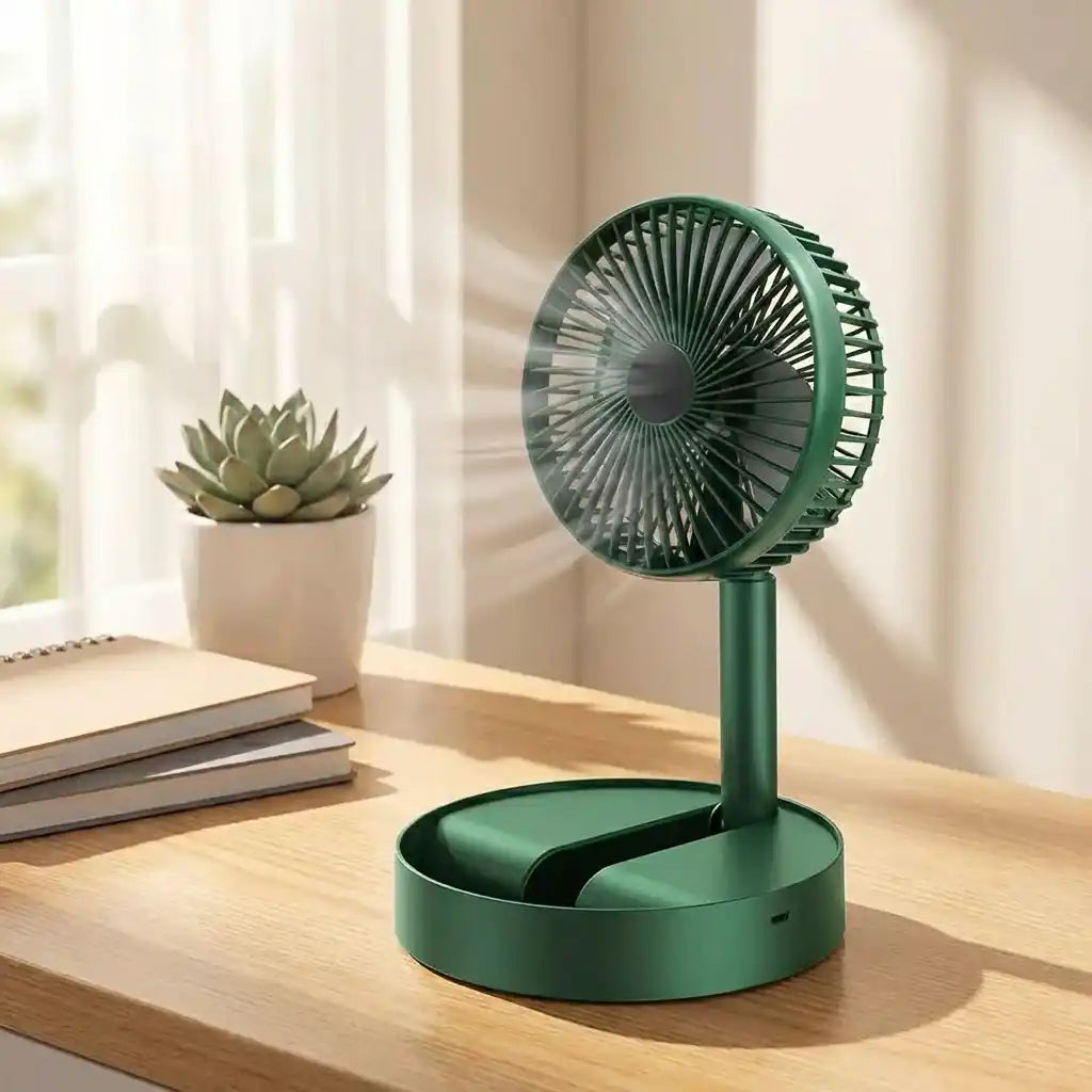 Front-facing green foldable telescopic fan with circular grille on base