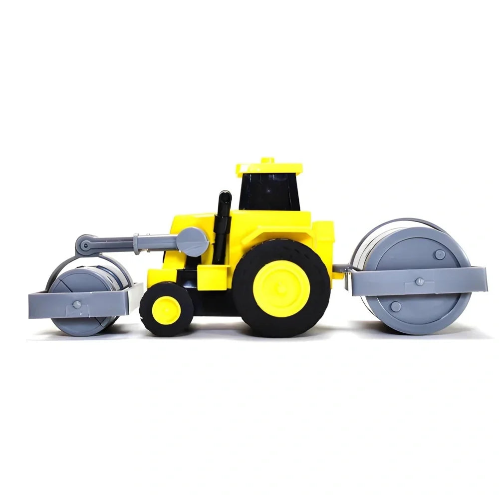 Yellow toy construction roller vehicle with black wheel tires and gray front drums