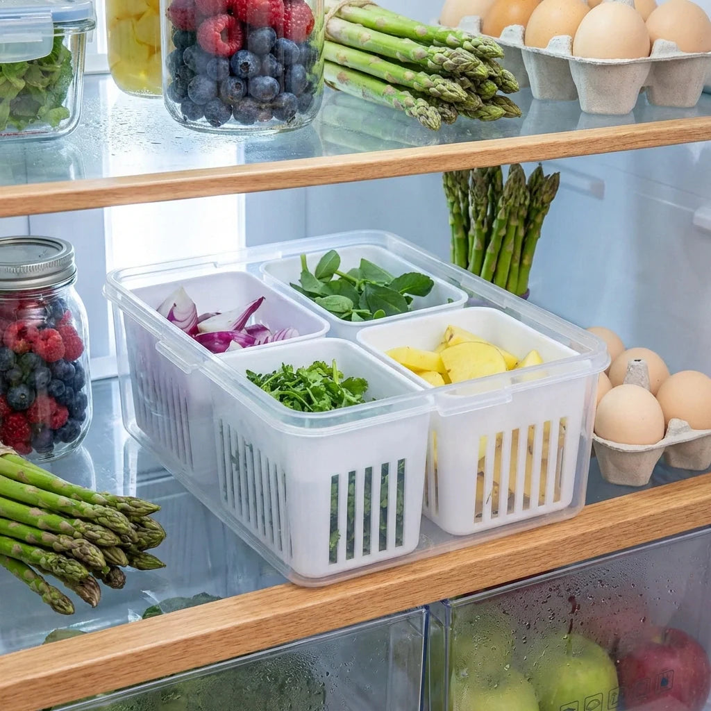 Translucent plastic fridge storage box with vented sides and open top