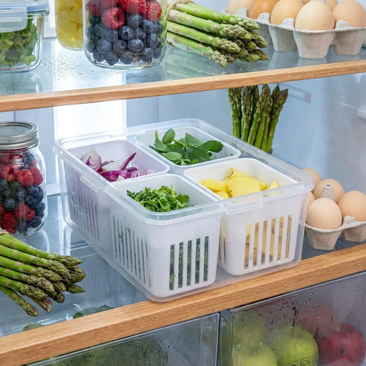 Translucent plastic fridge storage box with vented sides and open top