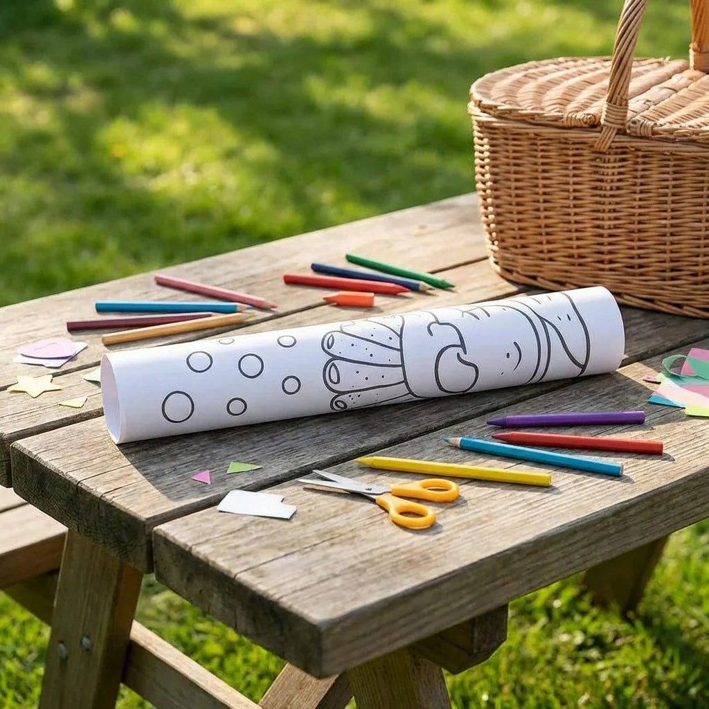 Coloring roll with printed animal and circle designs, plus colored pencils and crayons