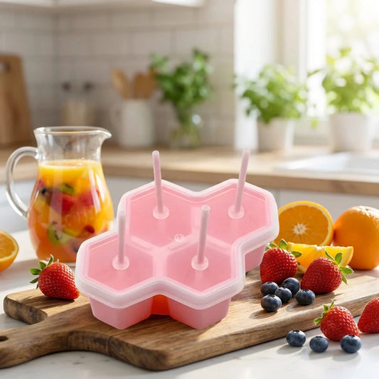 Pink fun-shaped ice mold tray with 6 popsicle sticks