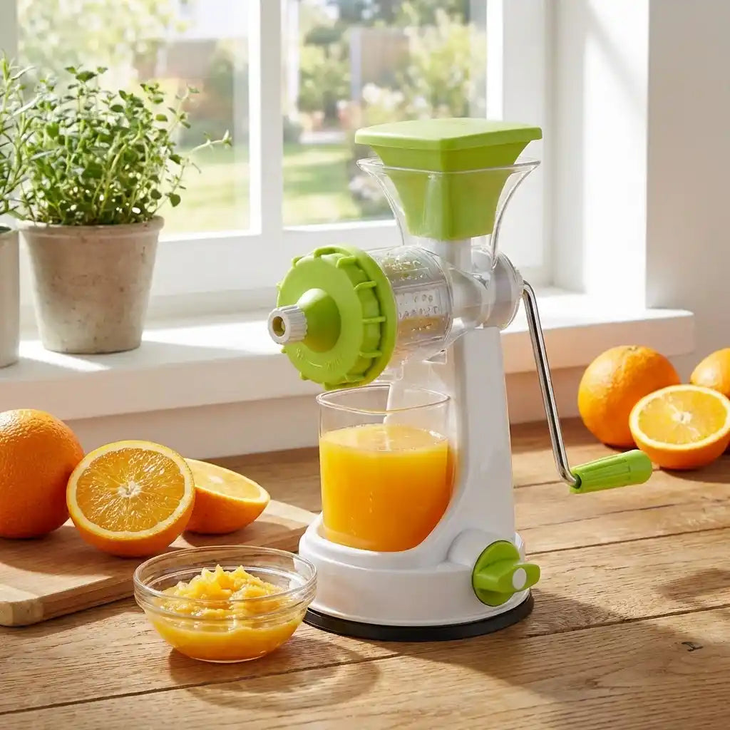 Manual citrus juicer with white body, green hopper, and small bowl of pulp