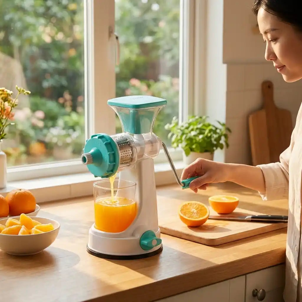 Manual juicer with teal-green parts, white base, and juice flowing into cup