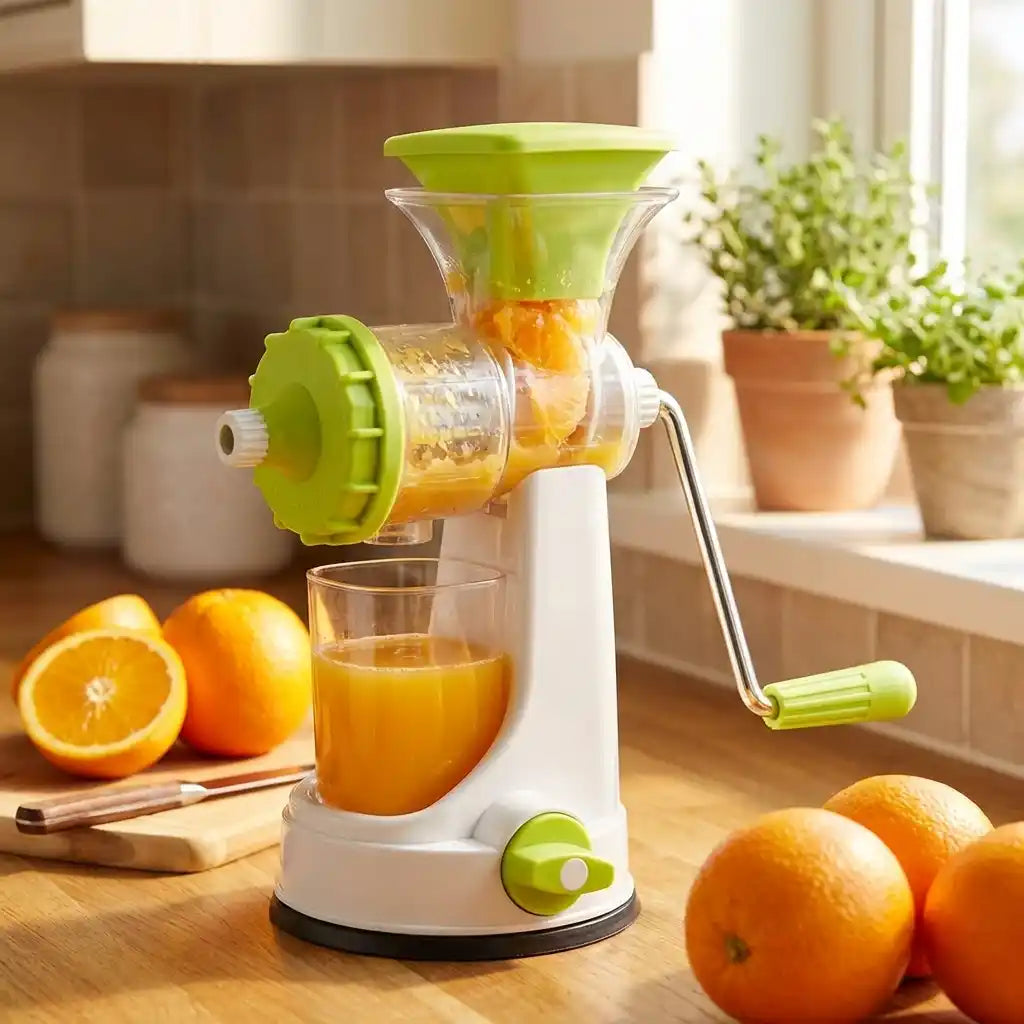 Manual juicer with white base, green hopper, and glass cup of orange juice