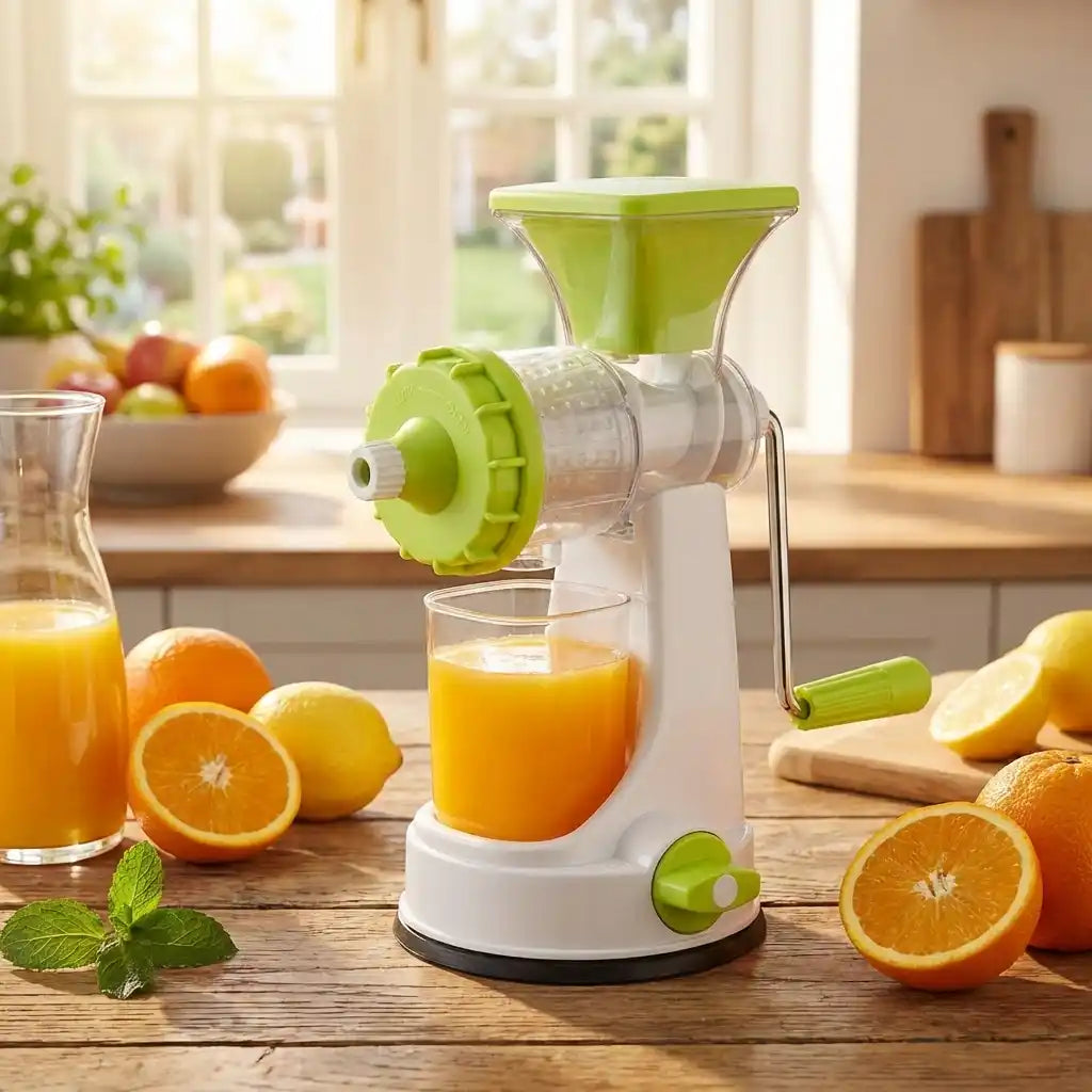 Manual citrus juicer with white base, green auger, and clear pulp container