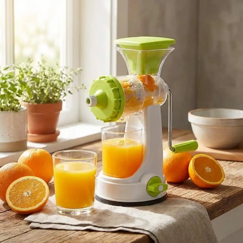 Smart manual citrus juicer with white body, lime green hopper, and juice cups