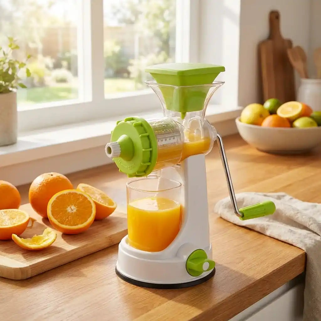 Manual juicer on counter with white base, green hopper, and filled juice cup