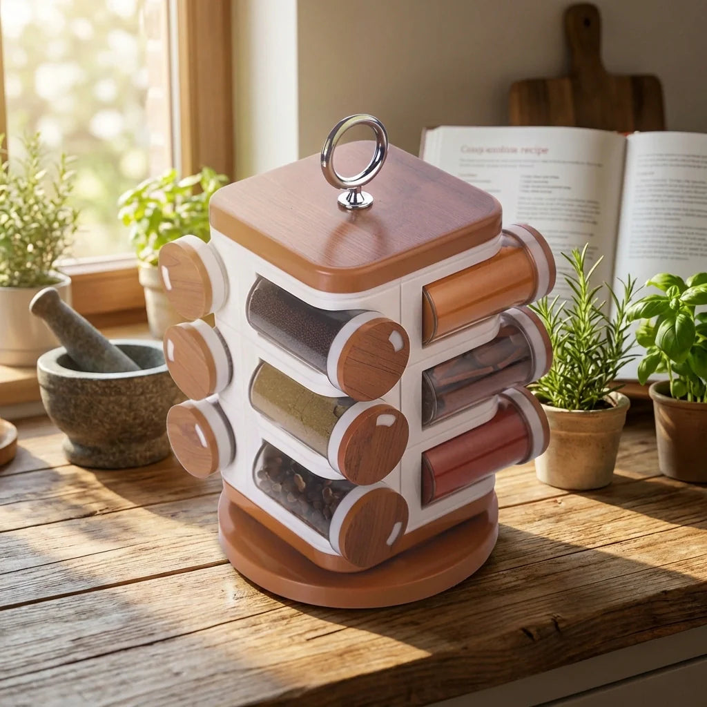 Wooden spice rack with multiple spice jars and round wood lids, rotating base.