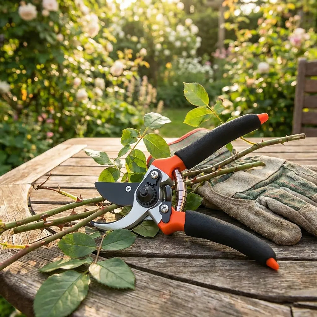 Garden pruners with black grips and orange handle accents, silver blade resting on cloth