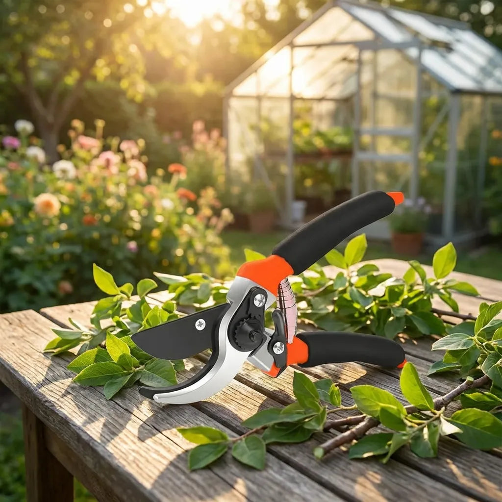 Garden pruners lying on wood with orange handle, black grips, and silver cutting blade