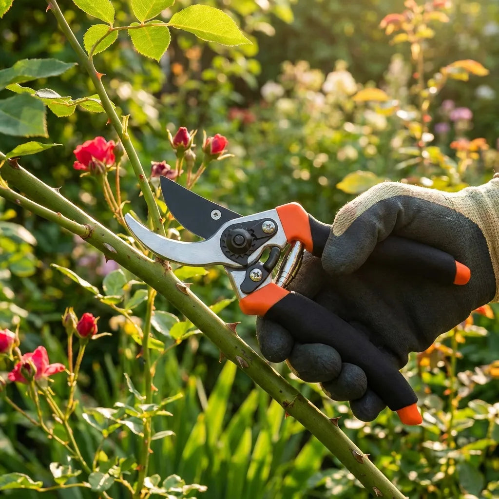 Garden pruners held near blossoms, orange-and-black handles and silver cutting blade